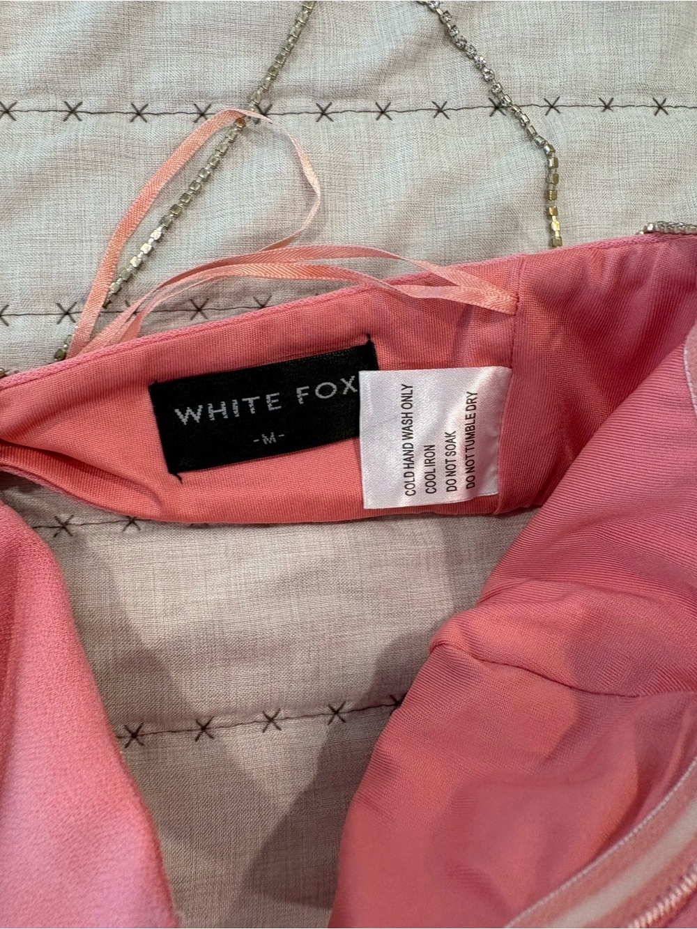 White Fox Boutique Rose Pink Wrap Mini Skirt Set with Chain-Strap Bralette - Picture 3 of 3